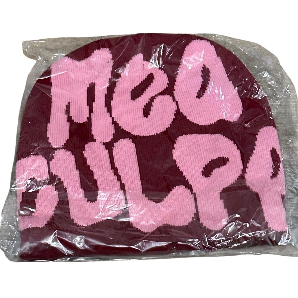 Mea Culpa Beanie Burgundy Pink Bubble Logo Knit Streetwear Y2K Skull Cap Unisex